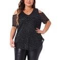 thumbnail image 1 of Blusas de fiesta básicas de manga corta con hombros al aire de lentejuelas brillantes para mujeres de tallas grandes Agnes Orinda 2X negras, 1 of 6
