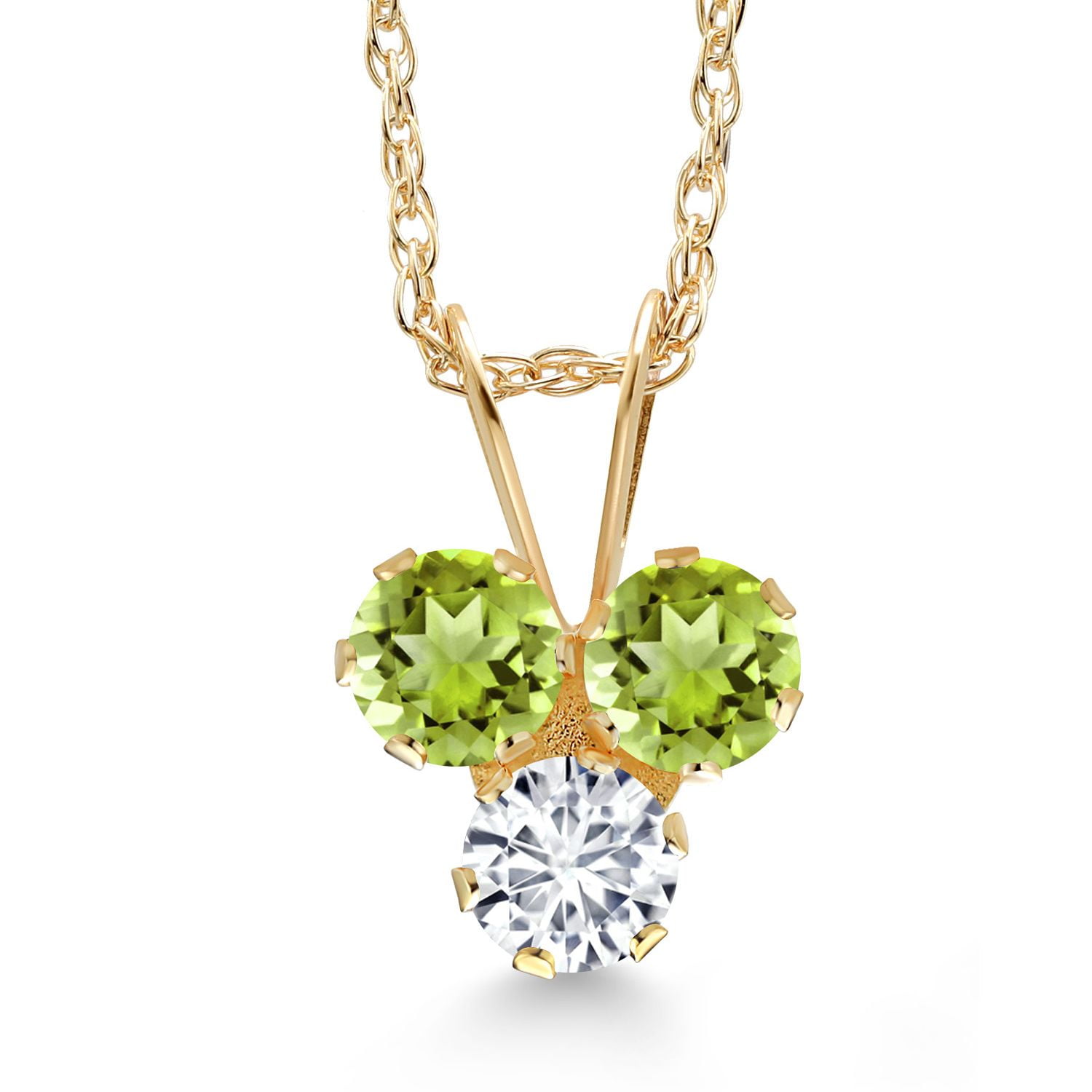 Gem Stone King 14K Yellow Gold Green Peridot and White Lab Grown Diamond 3-Stone Pendant Necklace for Women (0.34 Cttw, Gemstone August Birthstone, Round 3MM, 18 inch Chain)