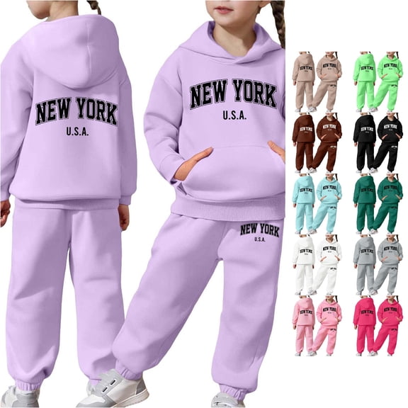 FYDUU Girl's Sweatsuit 2 Piece Outfits Casual Letter Print Long Sleeve Hooded Sweatshirt and Sweatpants Kids Fall Winter Clothes 2-3 Years