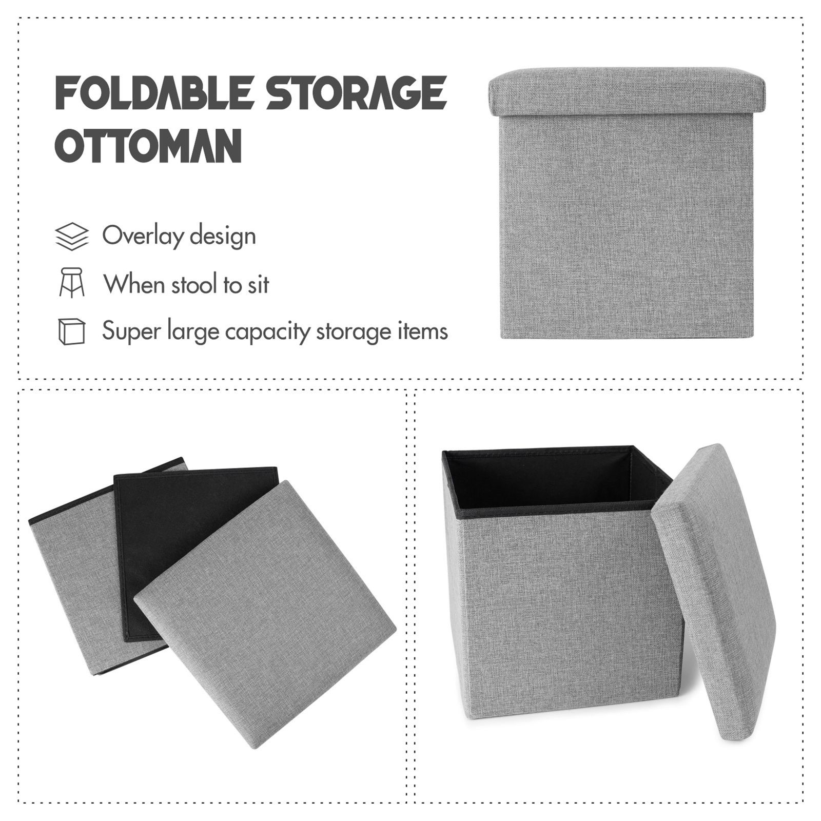 ANMINY Folding Storage Ottoman Cube, Gray photo 2