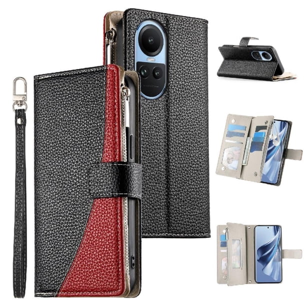 Funda cartera GANGXUN para OPPO Reno 10 Pro 5G , cuero PU con tarjetero, cremallera, correa de mano, soporte y protección 583°
