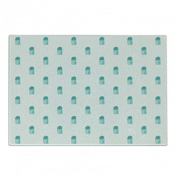 Jellyfish Cutting Board, Funny Hand Drawn Oceanic Characters Style Pattern, Decorative Tempered Glass Cutting and Serving Board, Small Size, Turquoise and White, by Ambesonne