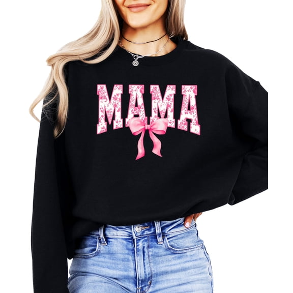 Cute Mama Sweatshirt for Women Trendy Pink Bow Sweater for Mom Black Sweatshirt Adult Medium