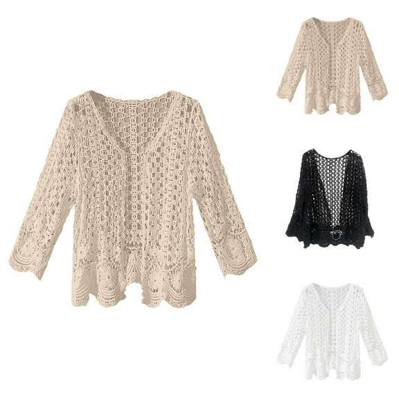 Crochet Shrug for Women 2025 Long Sleeve Hollow Out See Through V-Neck Open Front Cardigans Beach Cover Up