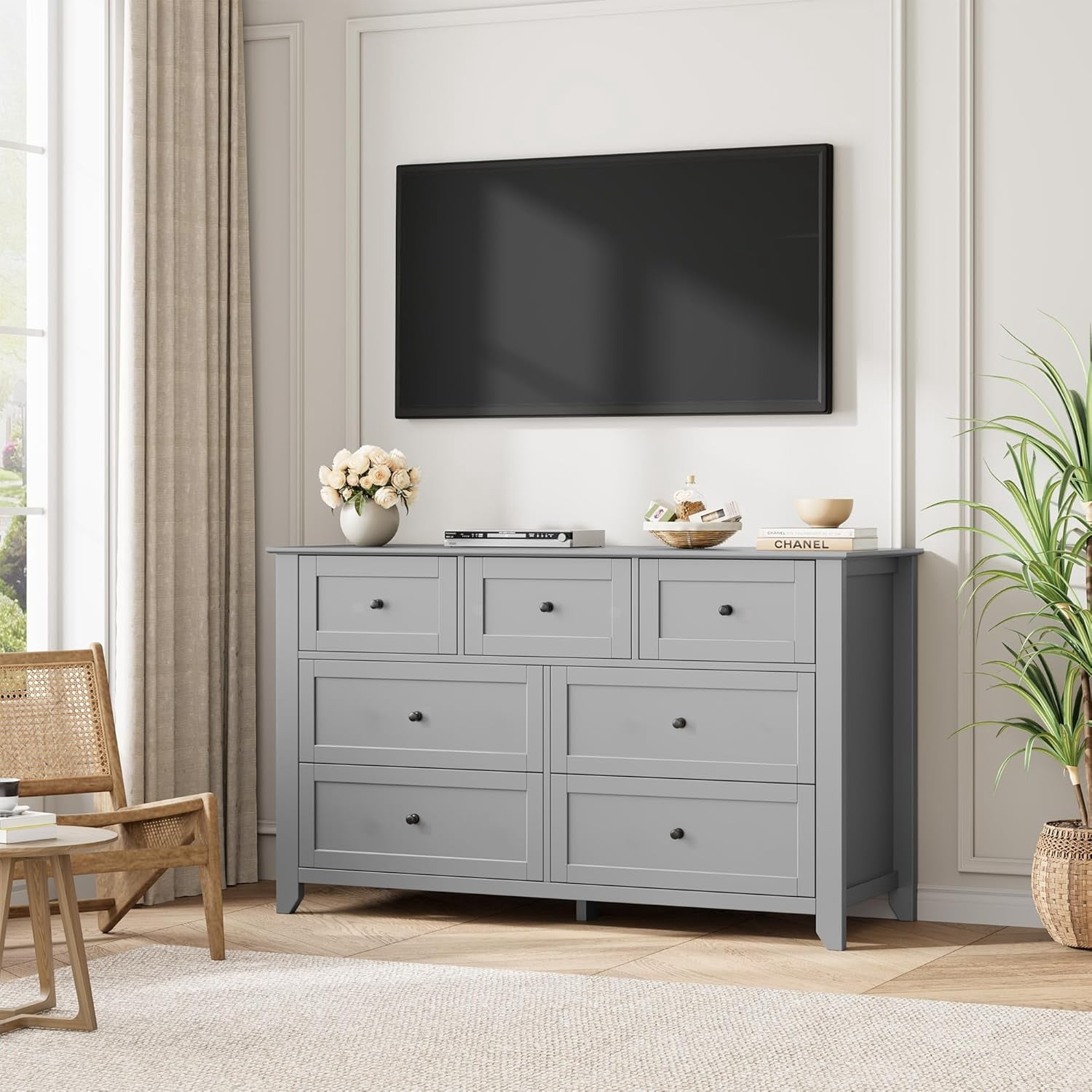 Grey 7 Drawer Dresser for Bedroom, 54" Wide Large Dresser with Deep Drawers & Metal Knobs, Modern Wooden Chests of Drawers for Entryway, Hallway