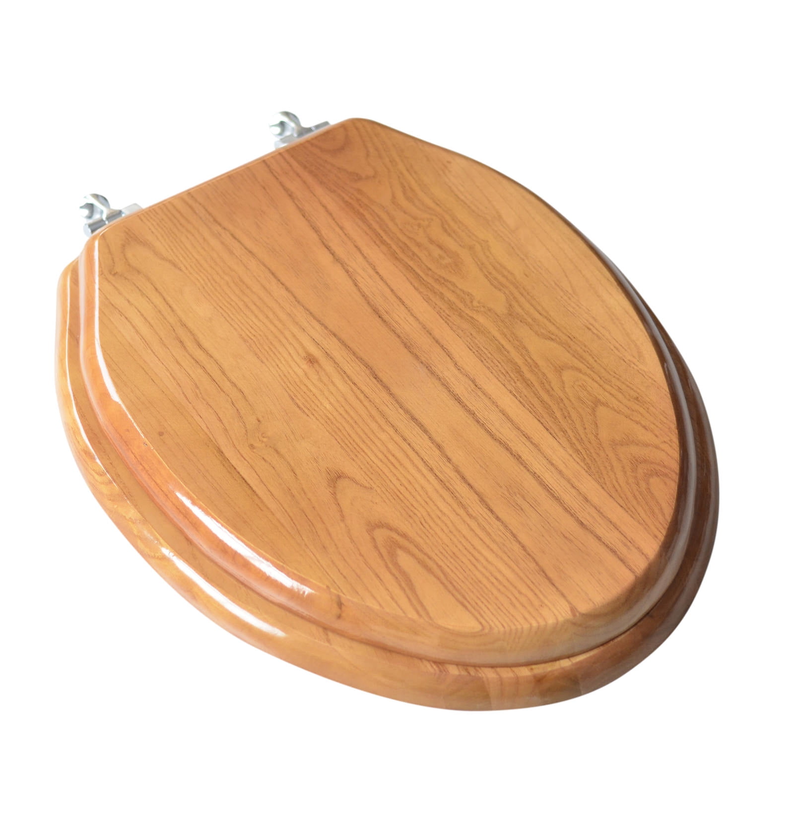 BathDecor Natural Red Oak Finish Designer Solid Elongated Oak Wood Toilet Seat with Chrome