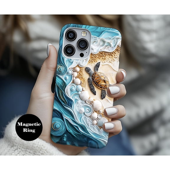 3D Sea Turtle Ocean Beach Waves Phone Case for iPhone 17 16 15 14 13 12 11 Pro Max