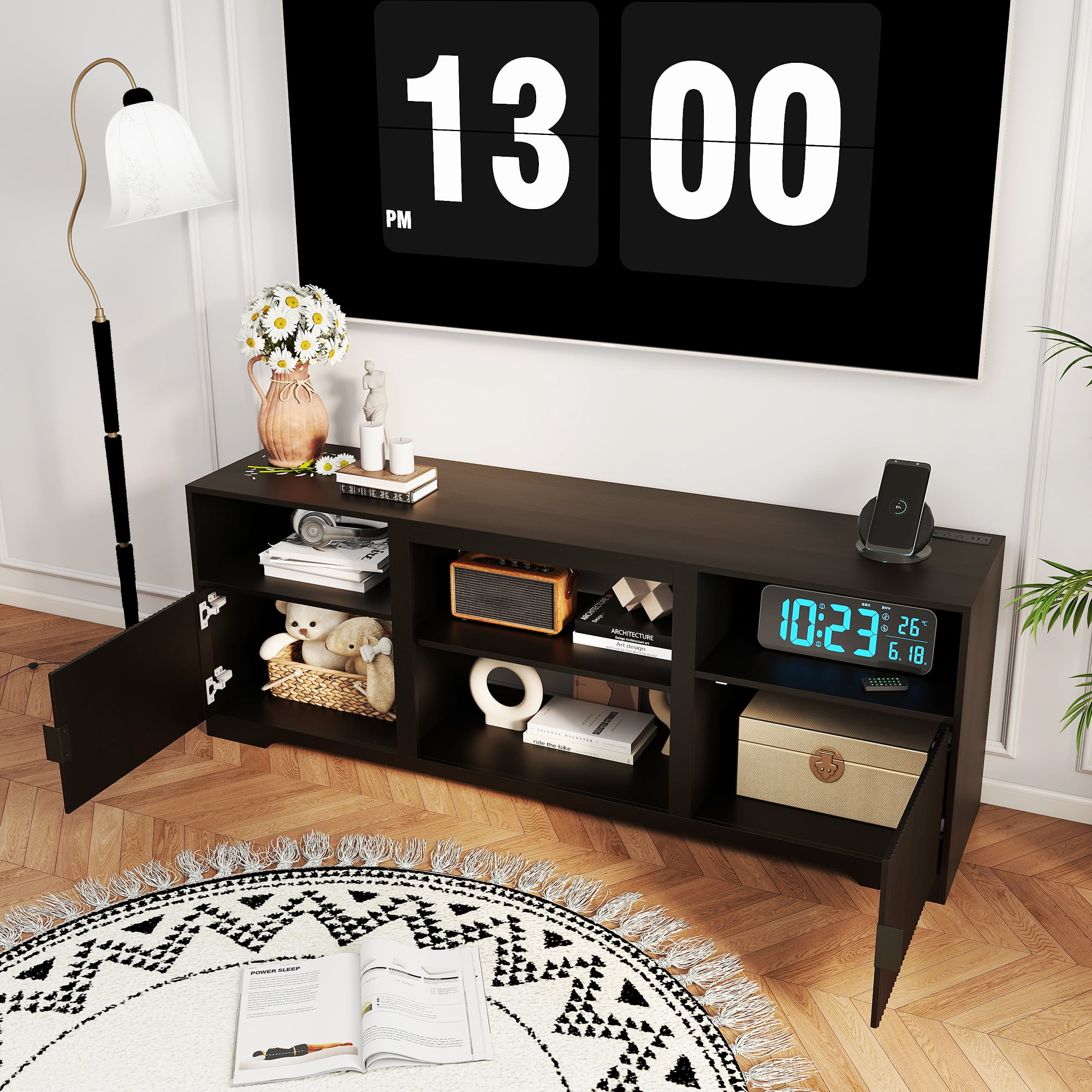 LUCKYELF Modern TV Stand for TVs up to 80", Entertainment Center with Storage, Media TV Console Table for Living Room, Bedroom, Black Color
