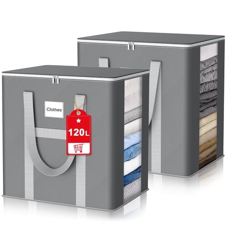 120L Extra Large Blanket Storage Bags, 2Pcs Comforter Storage Bag with Reinforced Handles Zipper, Moving Bags Closet Organizer Storage Containers for Comforter Bedding Pillow Sheet Toys, Grey C33