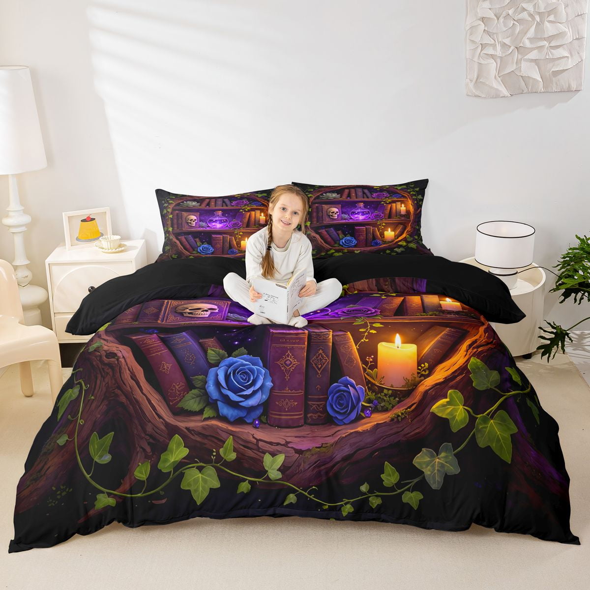Homewish Hipple Skull Skeleton Bedding Rose Flower Bookshelf Duvet Cover Full Halloween Comforter Cover Black Reversible 3-Piece 1 Duvet Cover and 2 Pillowcases