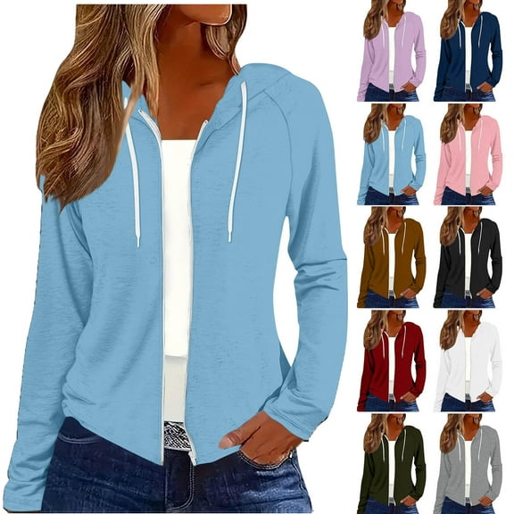 Hoodies for Women Fall Cute Jacket Oversized Casual Sweatshirts with Pocket Ndbuld Women's and Women's Plus Zip Up Fleece Jacket with Hood, Sizes XS-4X,Light blue,S