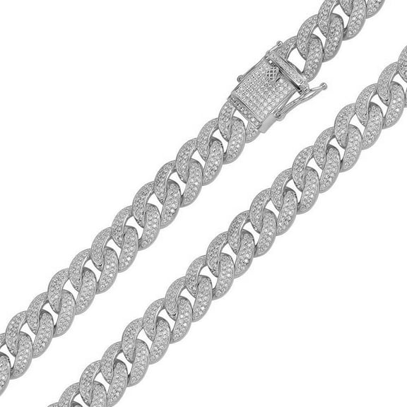 Rhodium Plated 925 Sterling Silver Clear CZ Encrusted Curb Chain 11.7mm 20" Jewelry Female