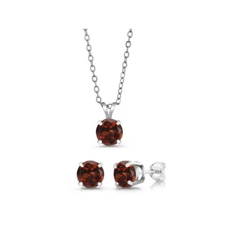 - 3.00 Ct Round 6mm Red Garnet 925 Sterling Silver Stud Pendant Earrings Set