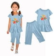 thumbnail image 5 of Odeerbi Kids Girls 2 Piece Outfits Ruffle Tops Capris Set Summer Clothes Floral Print Round Neck Short Sleeve Flying Sleeves Top Elastic Waist Cropped Pants Two-piece Set Light Blue, 5 of 5