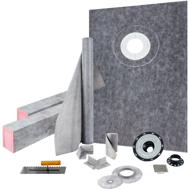 Kit de bordillo de ducha 38" x 60" cubierta de bordillo de ducha impermeable, con 4 "brida de conexión sesgada de pvc, 4" rejilla de acero inoxidable, 2 bordillos y paletas de ducha cortables VEVOR 38" x 60", Kit de bordillo de ducha