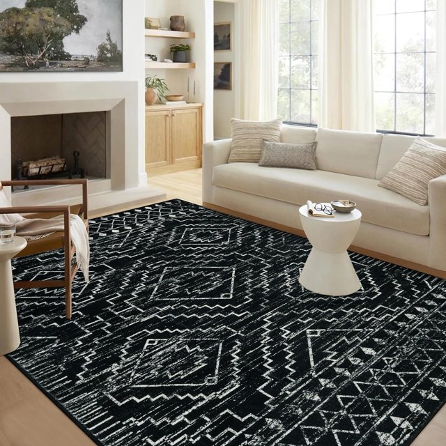 HAHDAXIA Moroccan 9x12 Area Rug for Living Room, Washable Black Rugs for Bedroom, Large Non-Slip Ultra-Thin Dining Room Rugs for Under Table, Non-Shedding Soft Boho Floor Carpet Decor