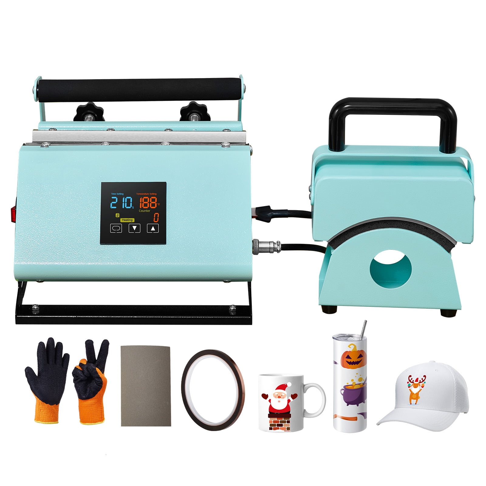 SKYSHALO Dual-Function Heat Press, Compact Design for Caps, Hats, 11-30oz Tumblers & Mugs, Adjustable Temp & Timer, Green