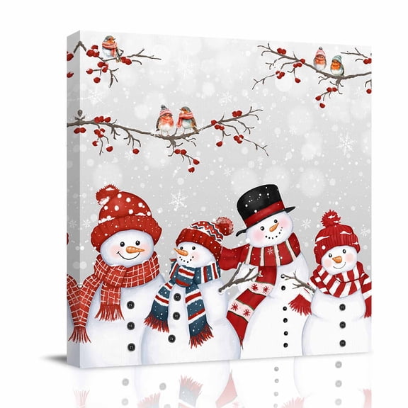 Canvas Wall Art, Christmas Snowman Framed Canvas Prints for Bedroom Office, Xmas Berry Snowflake Birds Large Gallery Wrapped Wall Decor for Home Office, Gifts, 16"x16" Ship Next Day