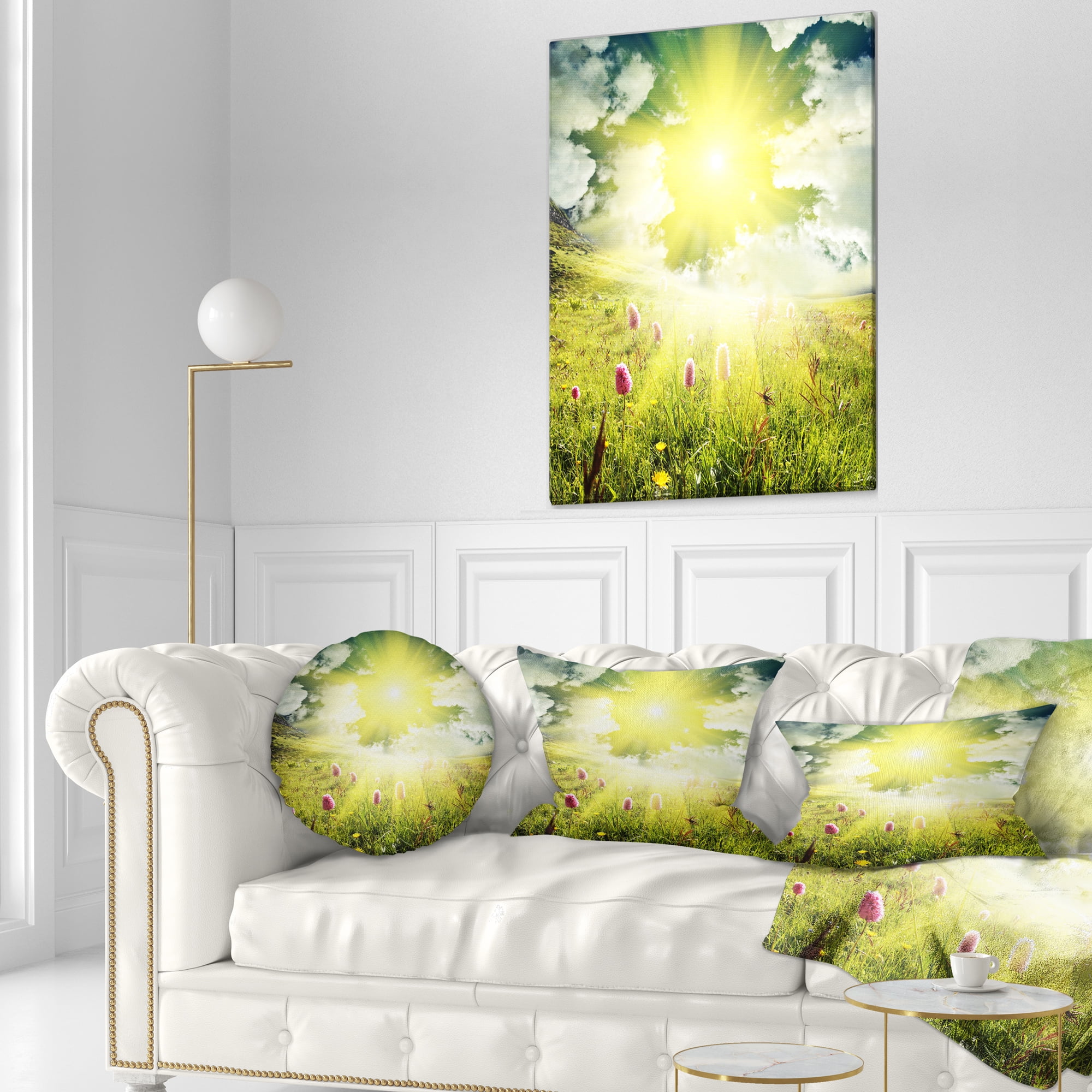 Designart Mountains Pasture under Bright Sunset - Landscape Printed Throw Pillow - 12x20