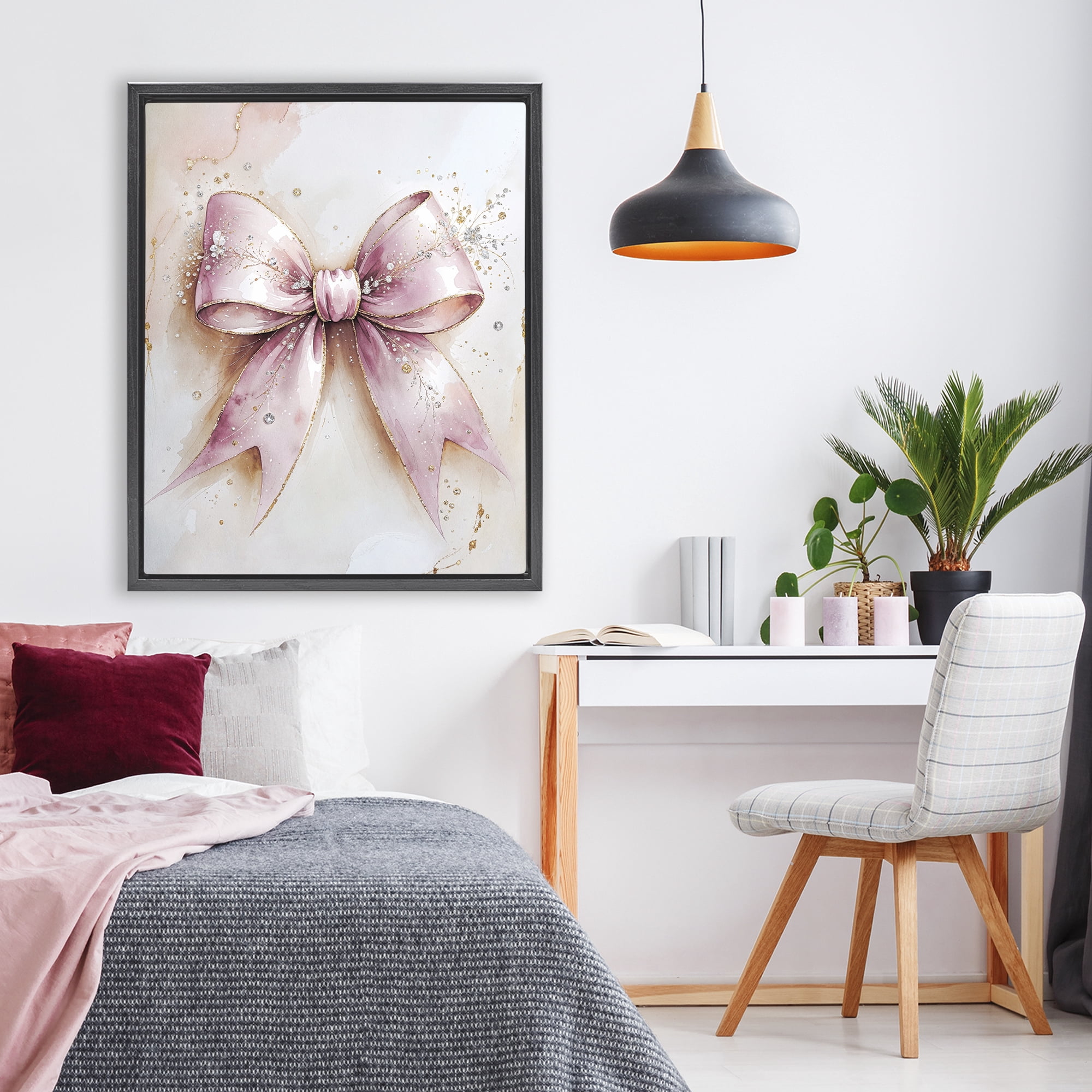 Stupell Industries Glamorous Blush Pink Bow Black Framed Floater Canvas Wall Art, design by Nataly White