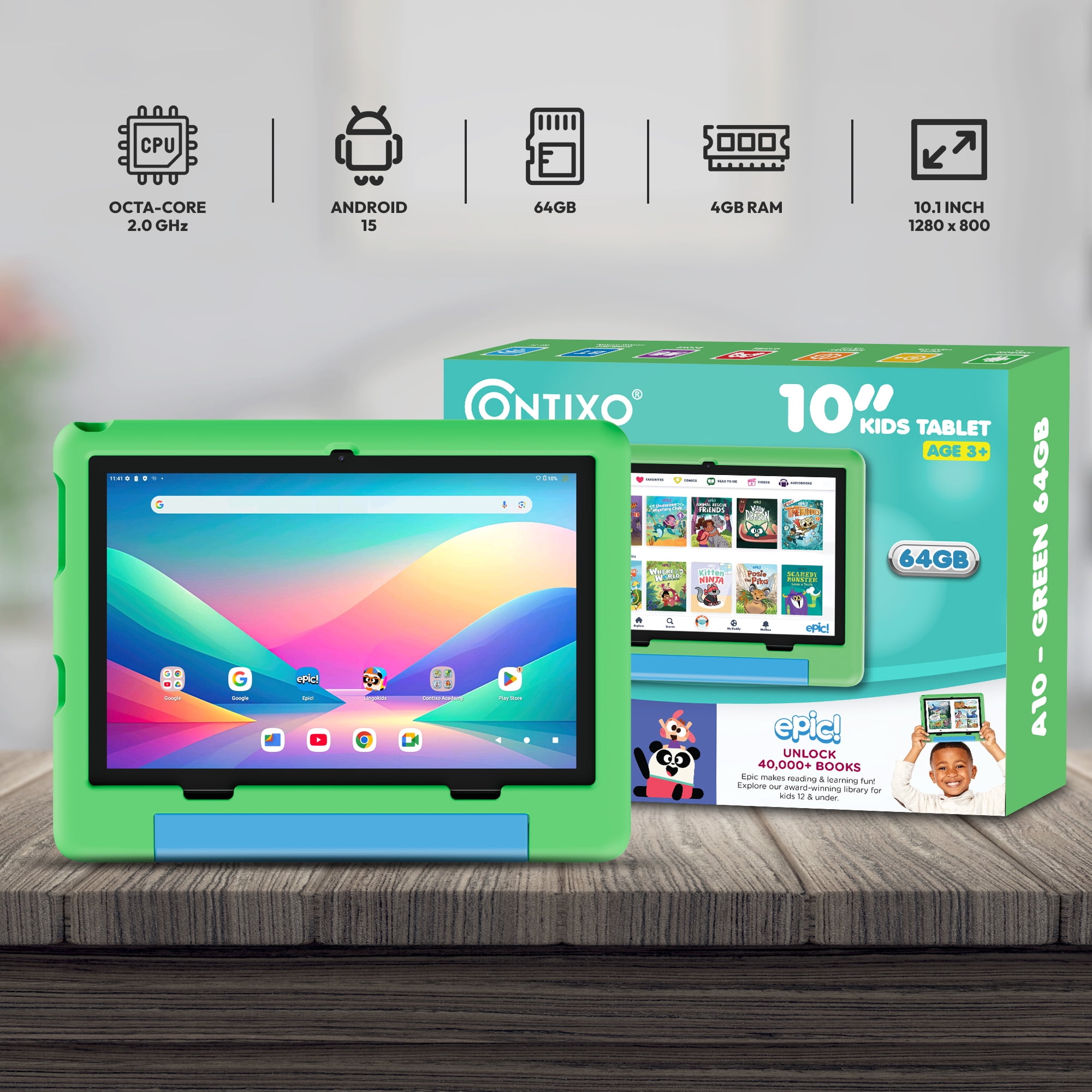 Contixo A10 Kids Tablets 2026 Model, Educational Tablets for Kids with Learning Apps, eBooks, and Tablet Case, 10”, Green