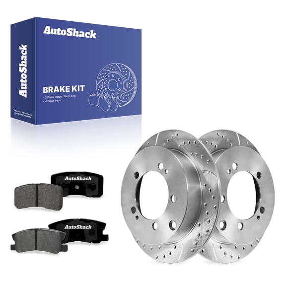AutoShack Rear Solid Drilled & Slotted Silver Zinc Coated Brake Rotors   Premium Ceramic Pads 6-PC Brake Kit Replacement for 2009-2015 Mitsubishi Lancer SilverShield Pro 11.89" (302 mm)