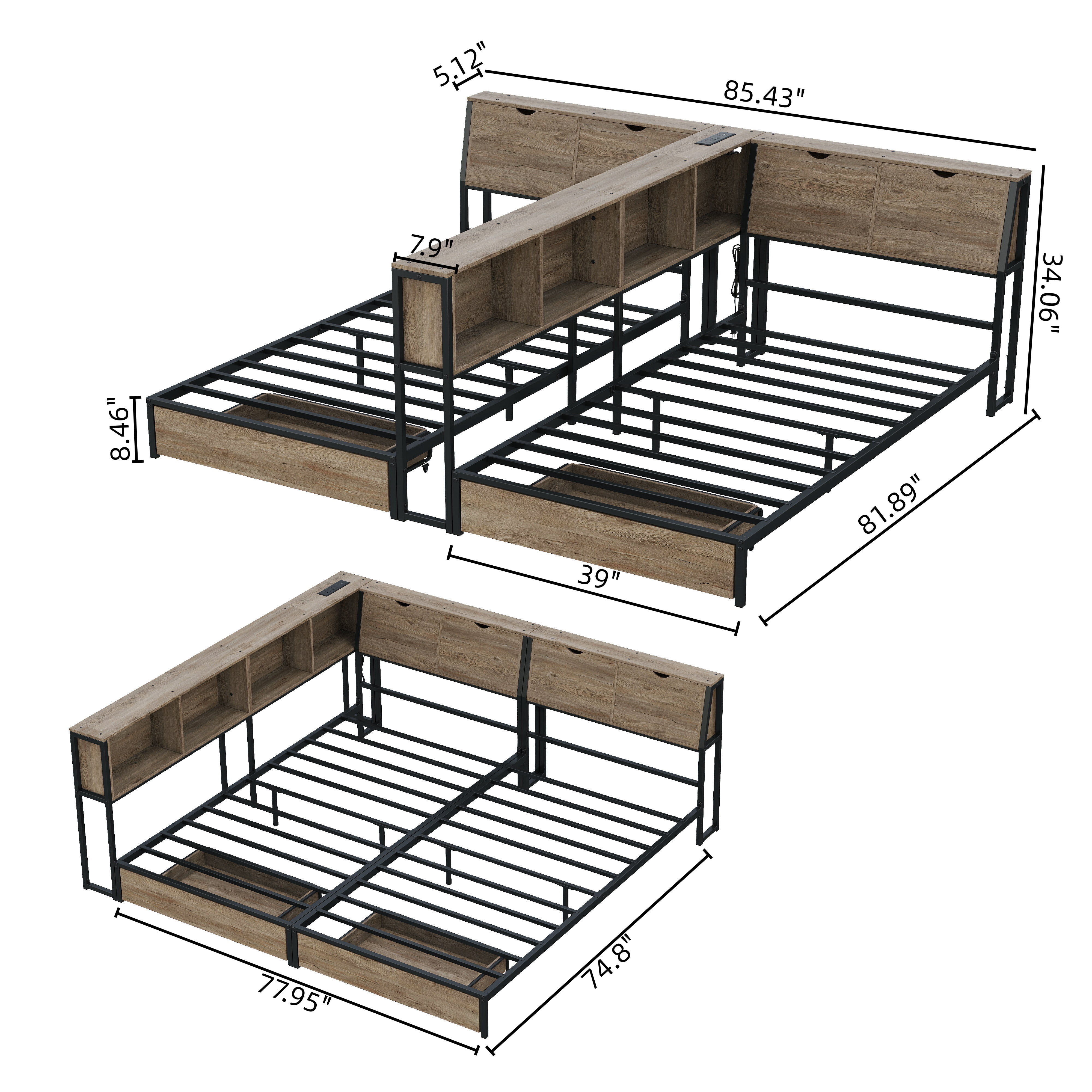 2 x Twin Size Metal Platform Bed Frame with Storage Headboard, Detachable Daybed with LED Lights, Drawers and Side Shelves