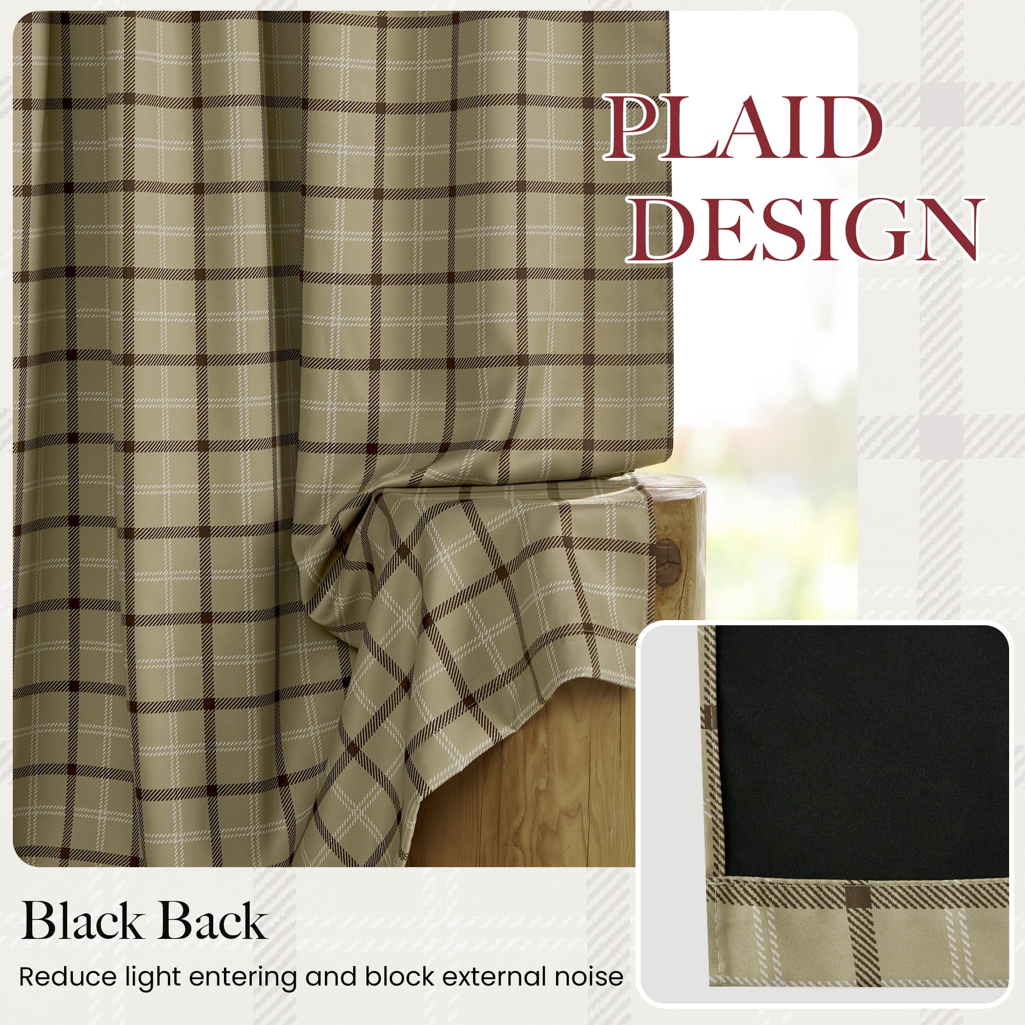 NICETOWN 100% Blackout Rustic Grid Pattern Linen Room Darkening Plaid Farmhouse Grommet Noise Reducing Window Curtains for Living Room, 2 Panels, Linen, W52 x L96