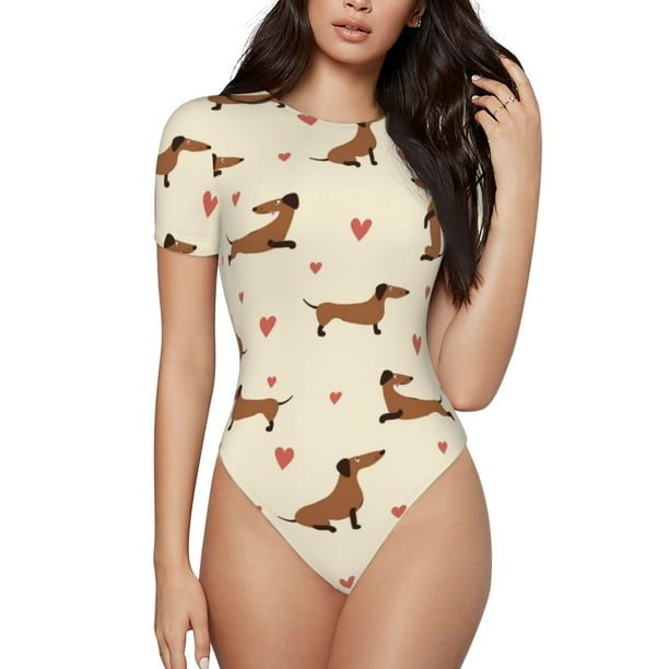 Fotbe Heart Dachshund Body de Mujer con Cuello Redondo y Mangas Cortas, Sin Mangas Ajustado, Suave, Cómodo y Básico-Medium