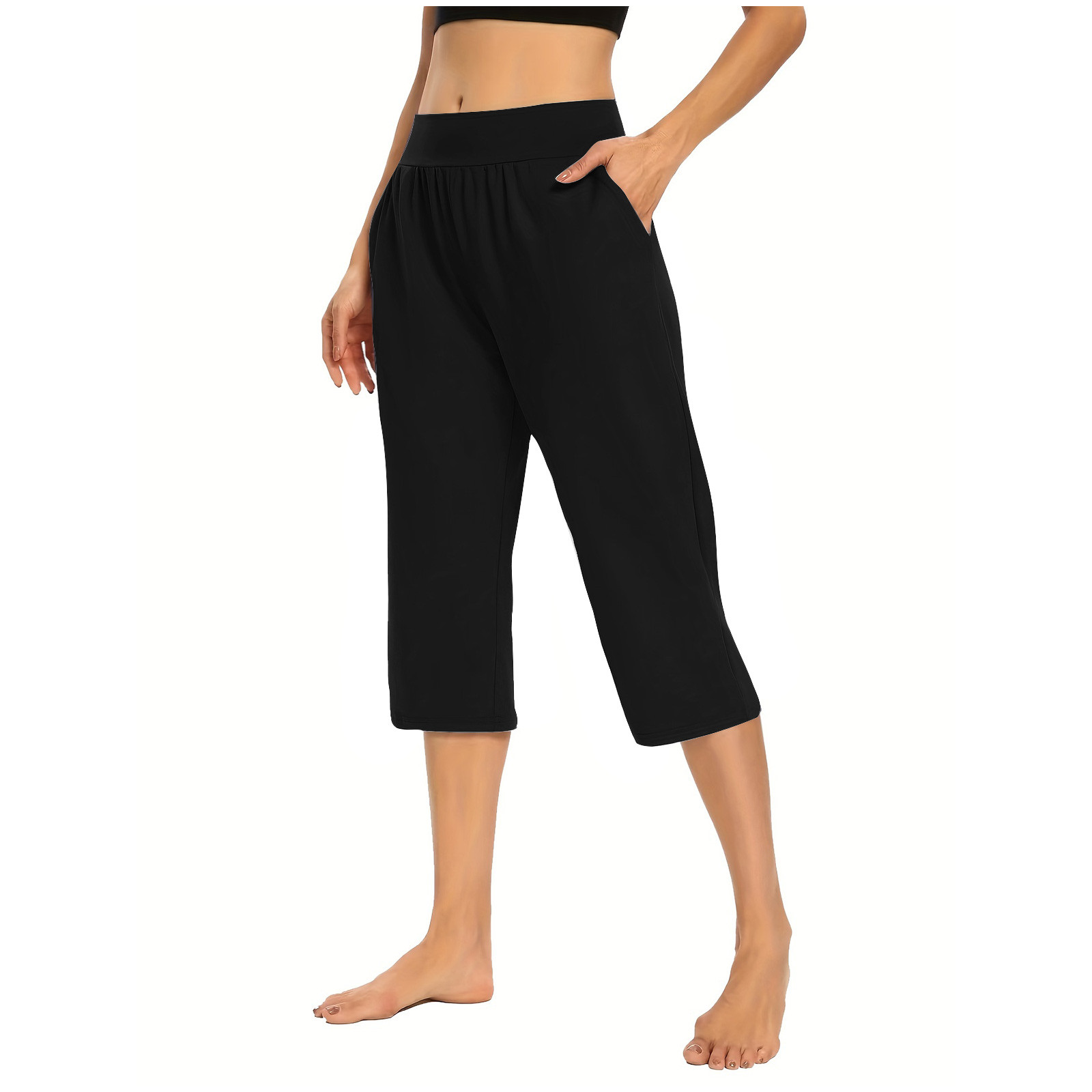 HONVEIO Workout Capris for Women Solid Elastic Waist Pocket Cropped Pants Casual Stretchy Stylish Pants for Spring Summer Women's Clothing Black