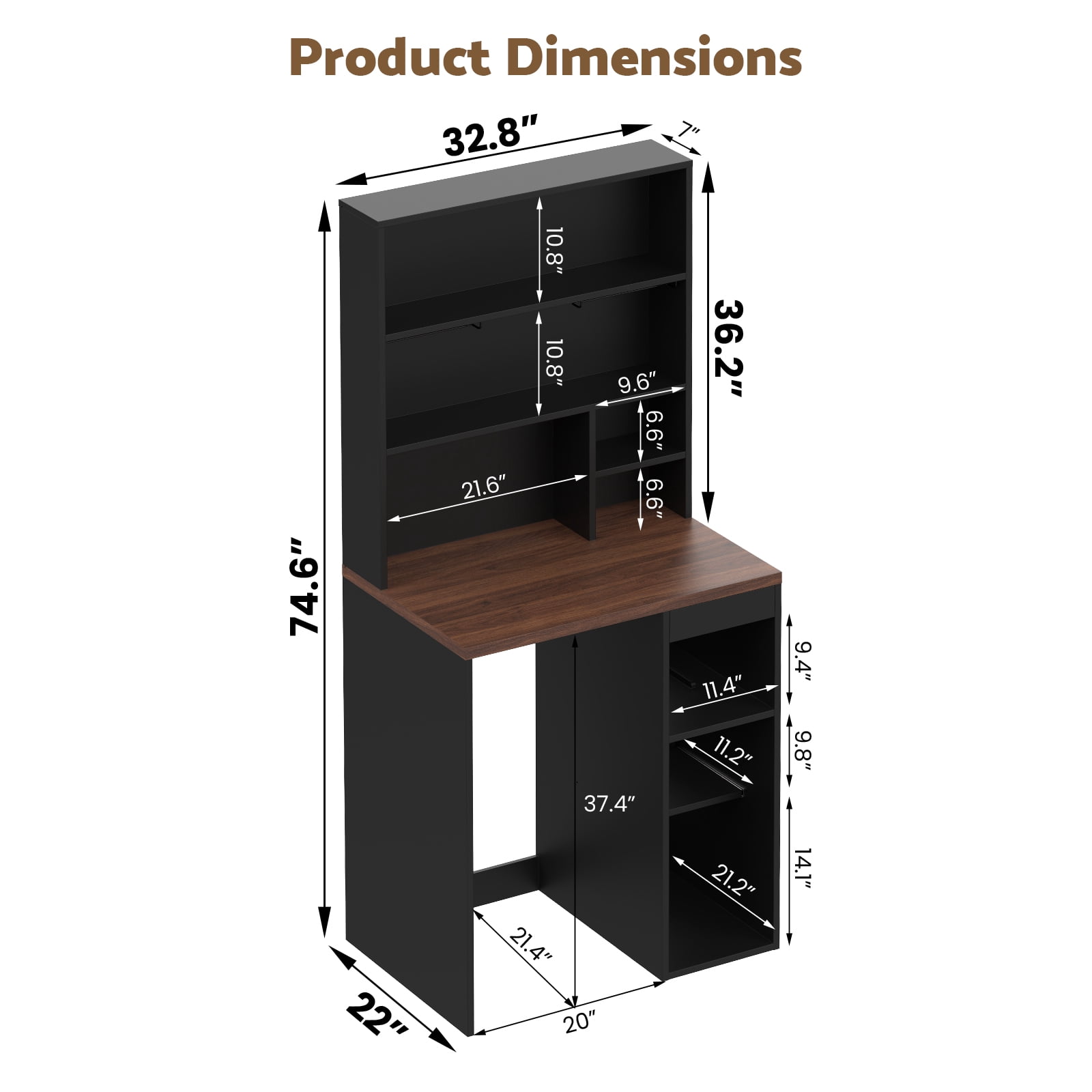 Advwin Coffee Bar Cabinet with Mini Fridge Space, 74" Tall Kitchen Storage Cabinet with Mug Hooks & Glass Holders, Mini Fridge Stand for Dorm, Kitchen, Office, Apartment, Home Bar, Black+Walnut