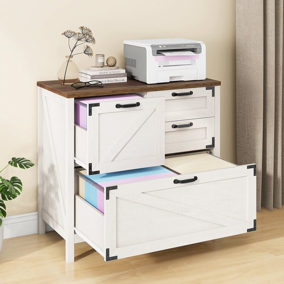 Lateral File Cabinet with 4 Drawers Farmhouse File Cabinet for Letter/Legal Size Hanging Files, Large Wood File Storage Cabinets Printer Stand for Home Office Cabinet, Rustic White