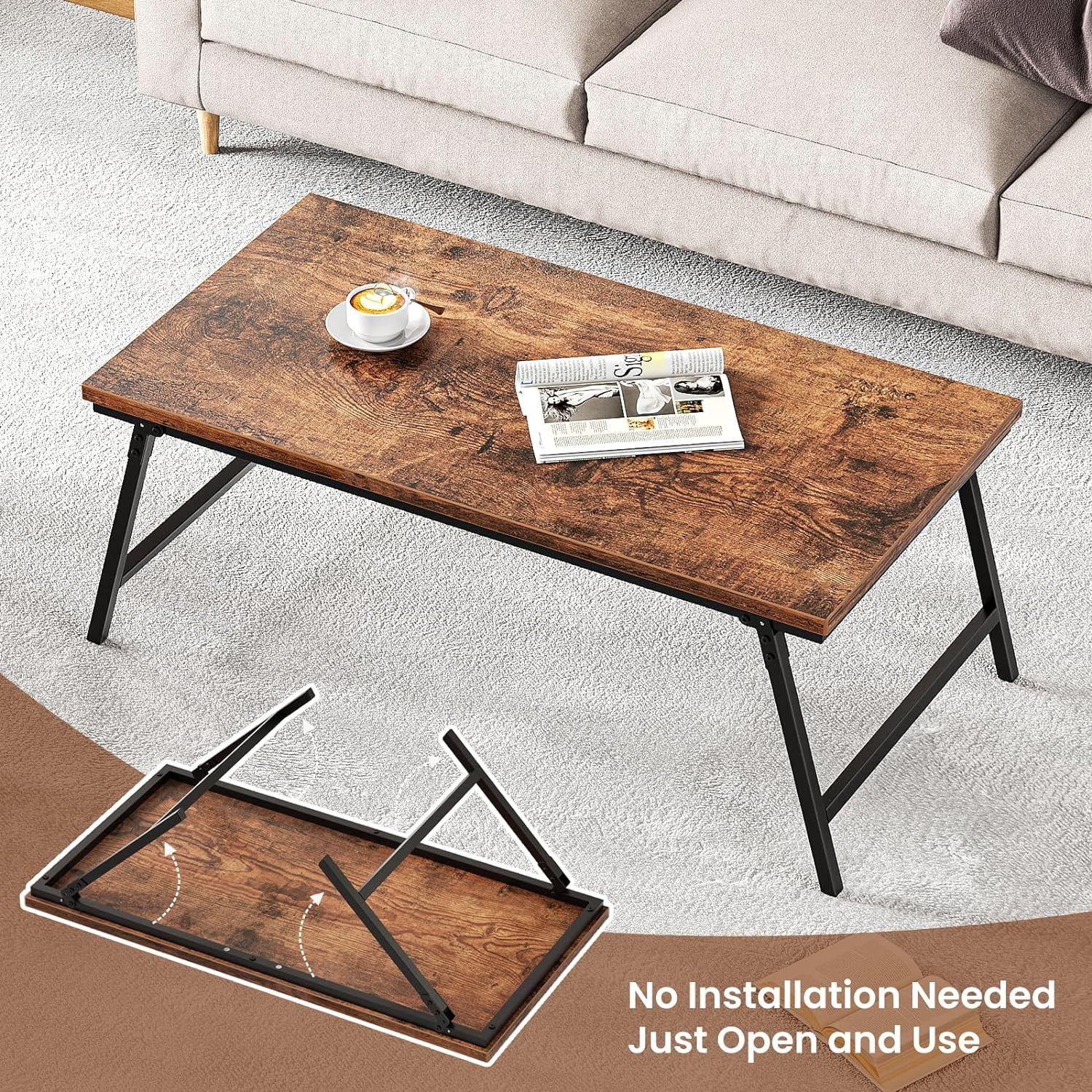 Flycity No Assembly Folding Coffee Table, Leg Latches Portable Sturdy Floor Table Desk for Sitting on the Floor, Low Coffee Table for Living Room, Home, Office, Rustic Brown, 41.34"x21.65"x15.75"
