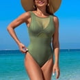 thumbnail image 2 of WREESH Women's Scoop Neck Mesh Swimwear - Full Coverages One Piece Bathing Suit Tummy Control Slim Swimsuit Olive Green, 2 of 7
