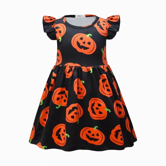 WXFAZCVU Girls Dresses Halloween Pumpkin Print Ruffle Sleeve Round Neck Fall Party Dresses Size 4-5 Years