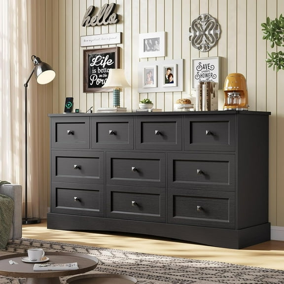 Black Dresser for Bedroom 10 Drawers Double Dresser with Charging Station, Farmhouse Chest of Drawers Storage Tower Organizer for Living Room Closet