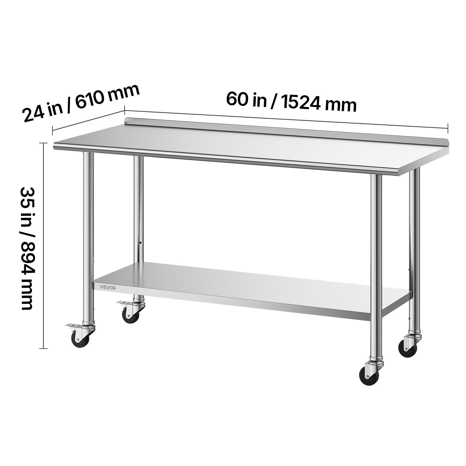 VEVOR Stainless Steel Work Table, 24x60 inch Food Prep Table with Wheels and Backsplash, Commercial Kitchen Workstation with Adjustable Undershelf, Metal Utility Worktable, for Restaurant Home