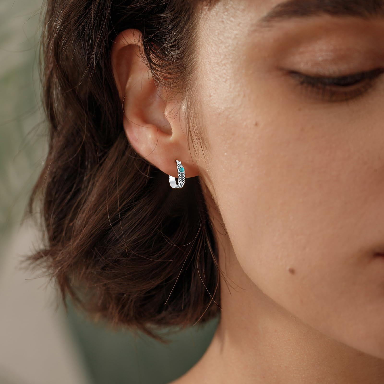Coachuhhar Feather Earrings 925 Sterling Silver Turquoise Hoop Earrings Western Jewelry Turquoise Feather Gifts for Women Birthday