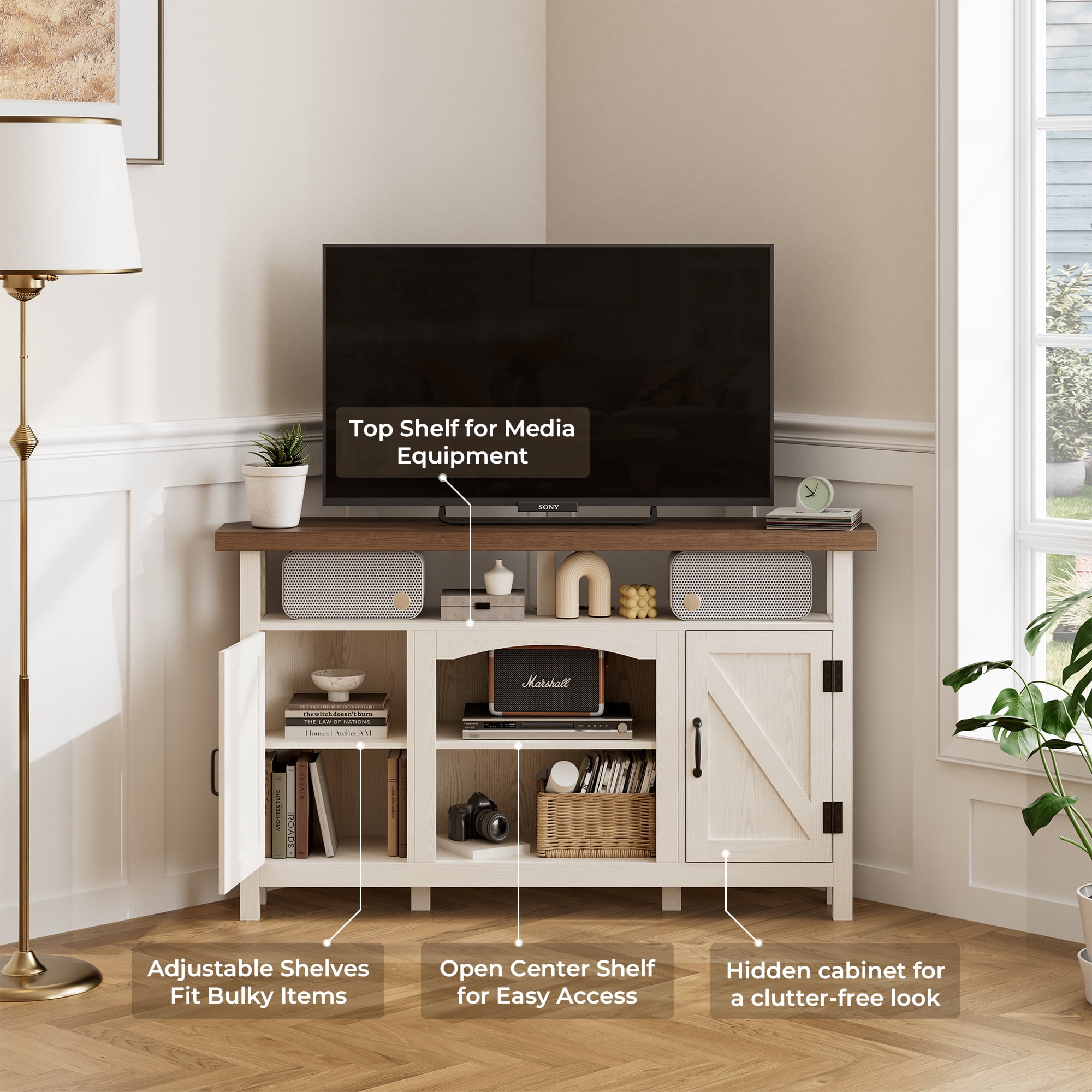 StorageWorks Farmhouse Corner TV Stand for TVs up to 60", Entertainment Center with Sliding Barn Doors and Storage Cabinets, Oak White