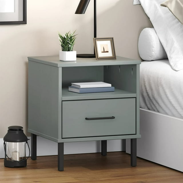 vidaXL Bedside Cabinet with Metal Legs Grey Solid Wood Pine OSLO