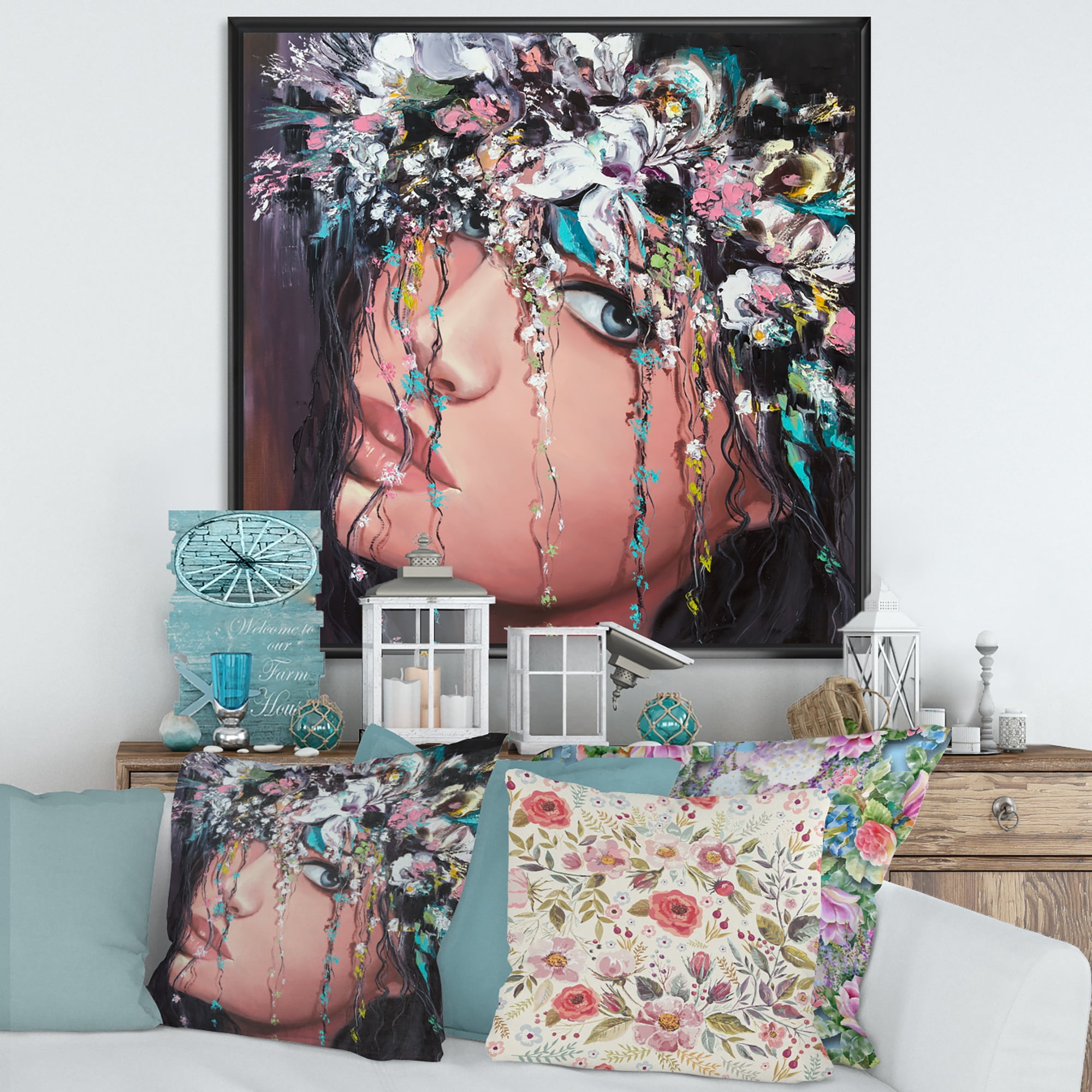 Designart 'Portrait Of A Young Woman With Flowers II' Modern Framed Canvas Wall Art Print