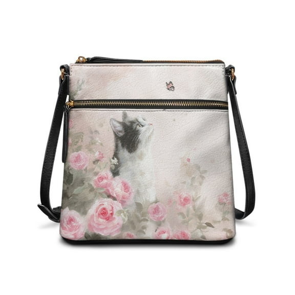 Kuiaobaty Cat Rose Print Crossbody Bag for Women, Butterfly Print Leather Sling Bag Purse with Adjustable Strap, Waterproof Shoulder Handbag Crossbody for Travel, Pink
