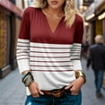 thumbnail image 2 of Womens 3/4 Sleeve T-Shirt Tops V-Neck Casual Striped Print Color Block Loose Trendy Fall Tunic Blouse Tops,Wine 1,M, 2 of 5