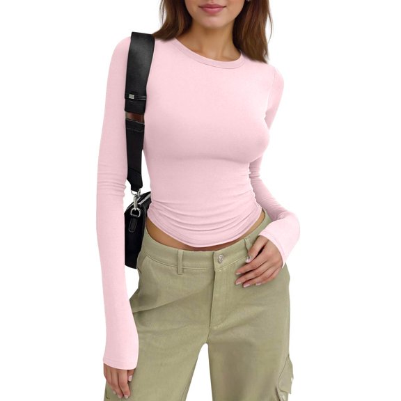 Womens Long Sleeve T Shirts Fall Fashion 2026 Basic Crop Tops Going Out Outfits Y2k Clothes Light pink L