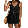 thumbnail image 3 of HUBERY Women U Neck Sleeveless Solid Color Button Decor Pleated Tunic Tank Top, 3 of 6