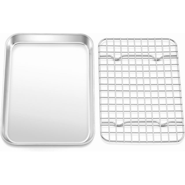 Toaster Oven Pan with Cooling Rack Set .\u\u x \u\u x \u\u Stainless Steel Compact Toaster Oven Small Baking Pan Tray with Mini Grid Rack & HeavyDuty
