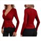 thumbnail image 2 of Camiseta de Larga Ajustada con Escote en V Profundo y Fruncido para Mujer Rojo Vino L, 2 of 5