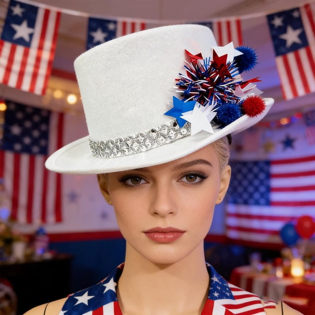 Sombrero de fiesta patriótico con bandera de estrella de cinco puntas, guirnaldas estilo sombrero Lincoln y decoraciones florales para las celebraciones del Día de la Independencia.