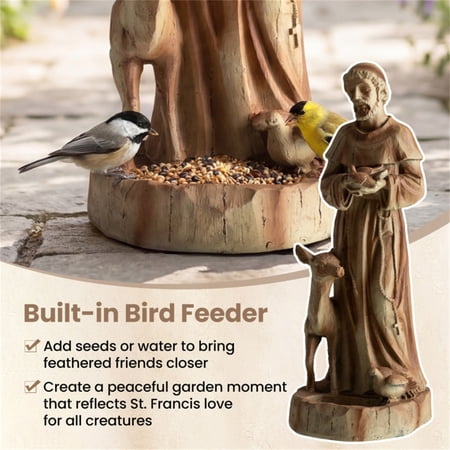 24.5 Inch Saint Francis Statue with Built in Bird Feeder Religious Garden Sculpture Brown
