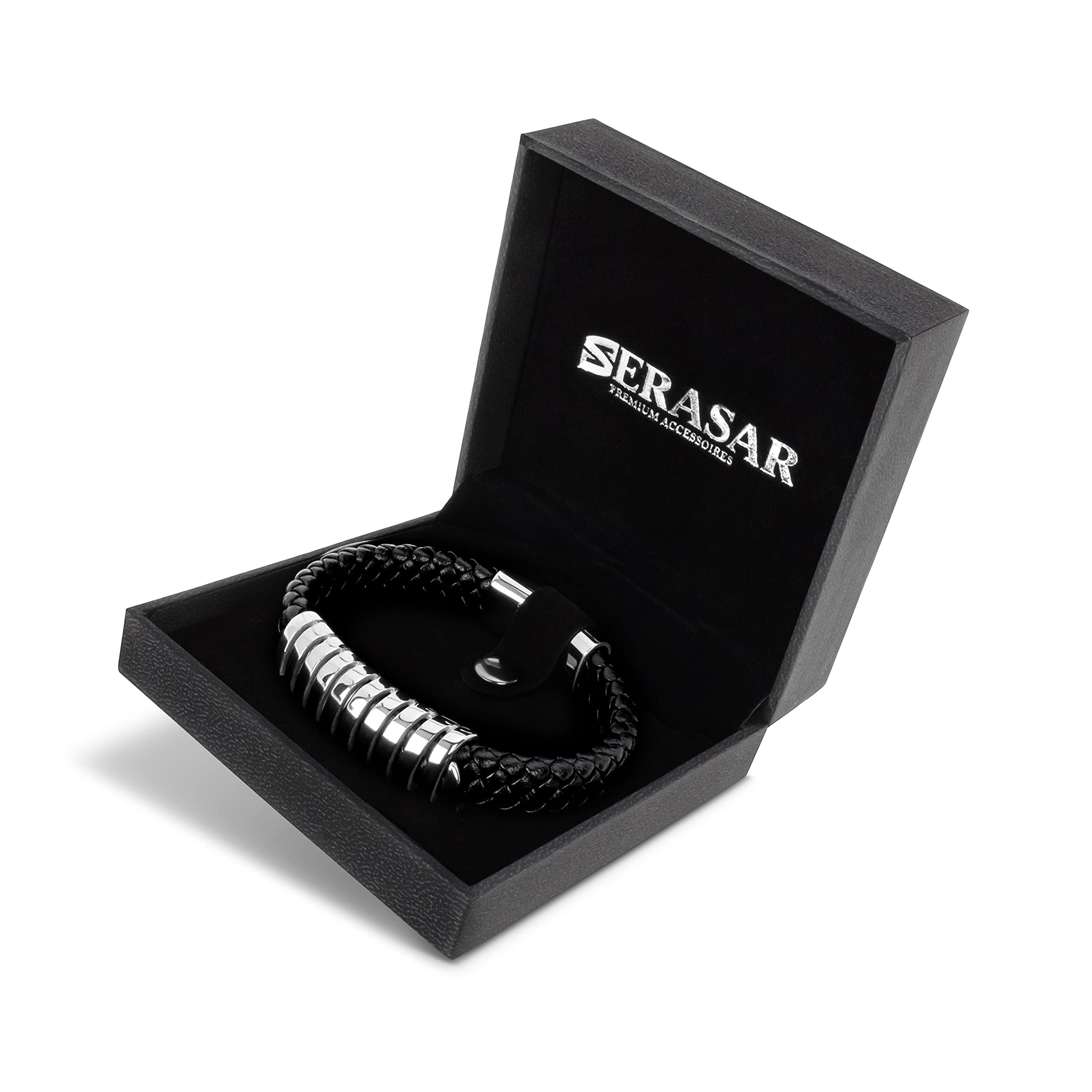 SERASAR Leather Bracelet for Men "Helix" with stainless steel magnetic closure, Silver 20cm, including gift box